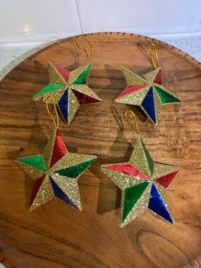 Vintage Festive Gold Multicolor Star Holiday Ornaments - 4 Pack